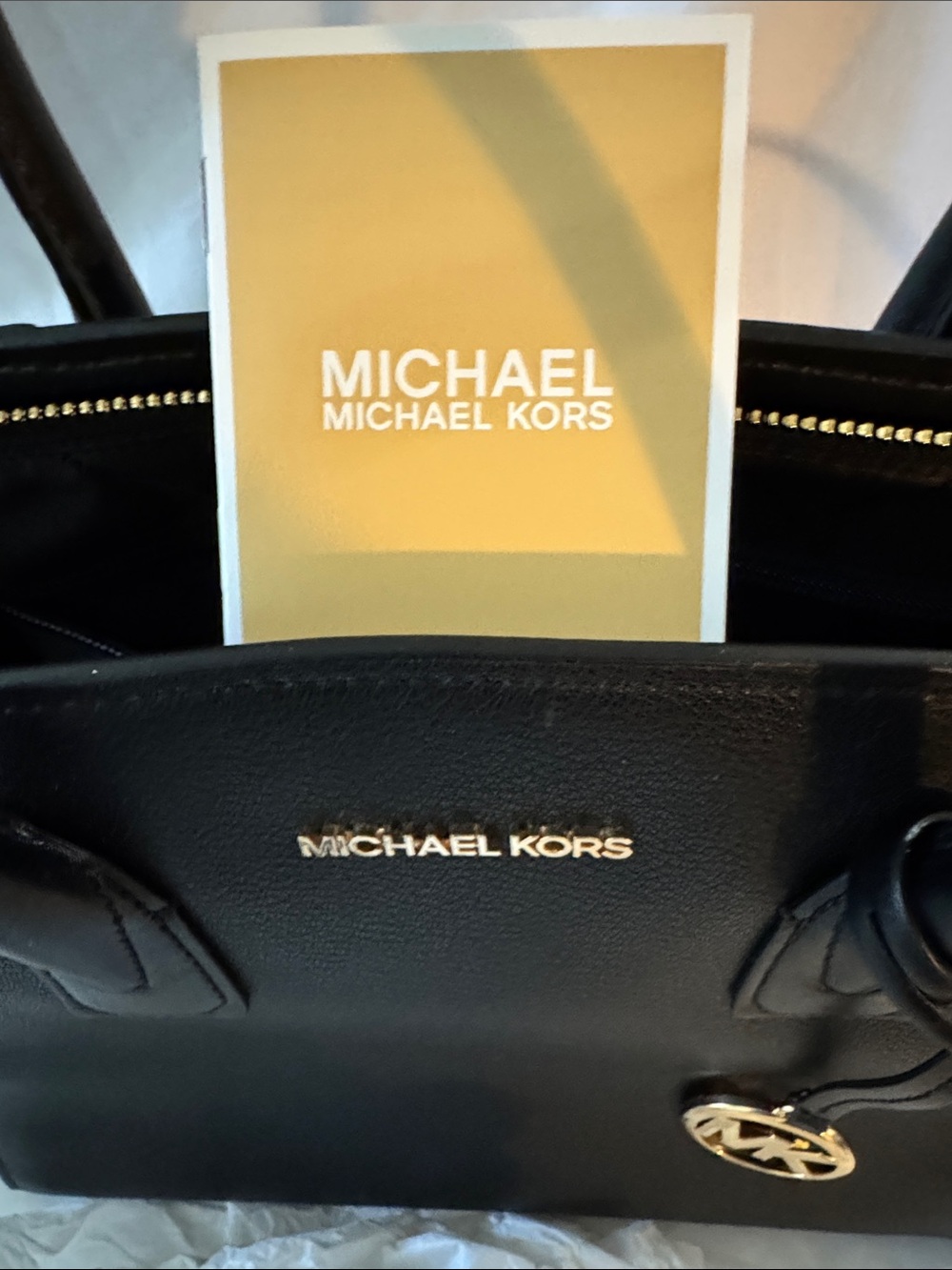 Michael Kors Black Leather Satchel with Gold MK Charm - Picture 5 of 5